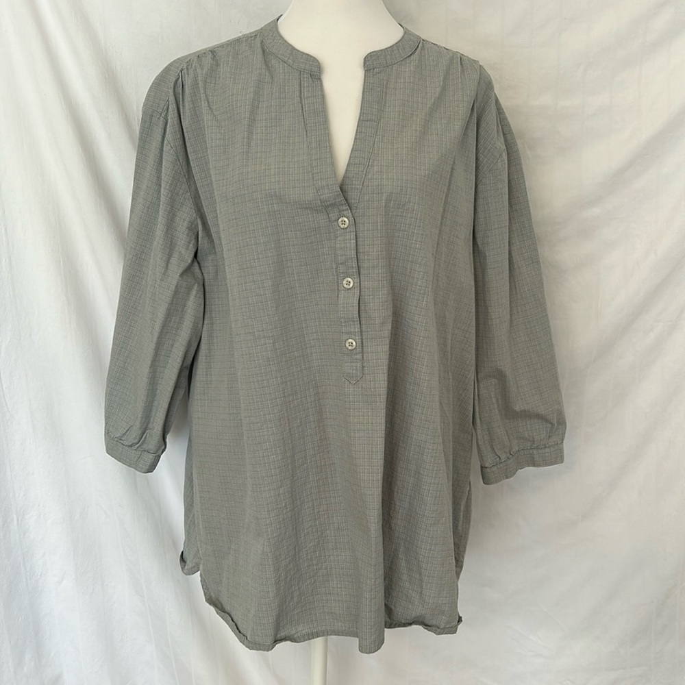 Lee Gray Plaid 3 Button V-Neck Pullover Women's 3/4 Sleeve Shirt Sz 1X